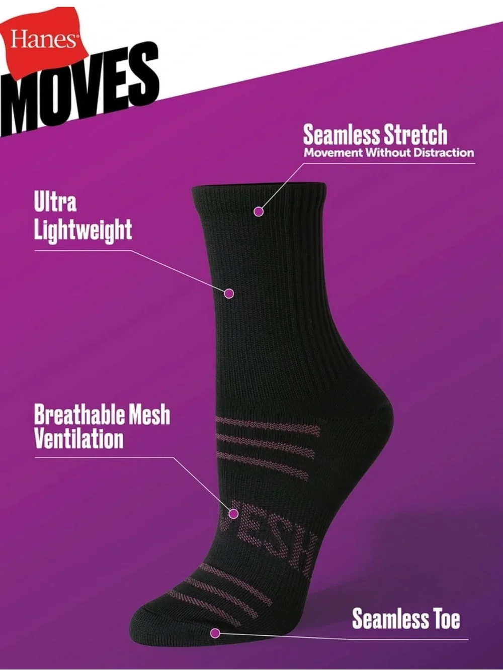Hanes Moves Seamless Stretch women’s Mid Crew Socks - Purple